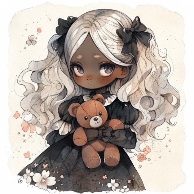 Anime girl with long white hair holding a teddy bear generative ai