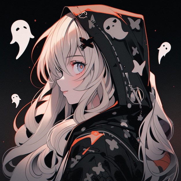 Anime girl with long white hair and a hoodie with ghosts around her generative ai