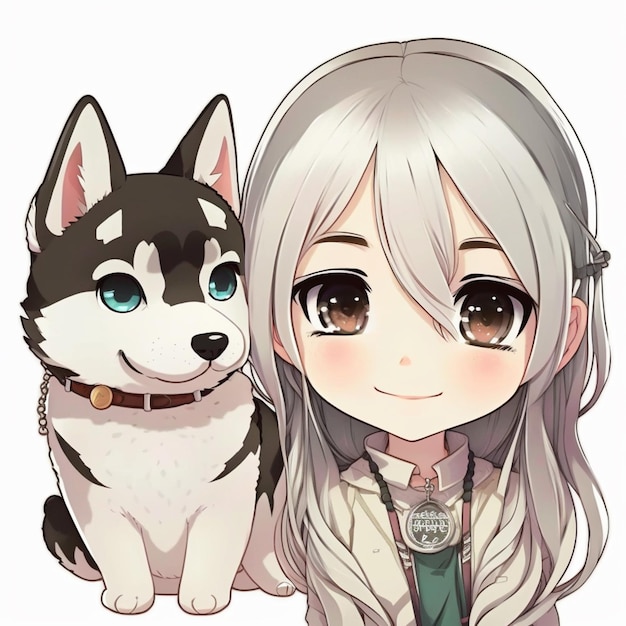 Foto ragazza anime con lunghi capelli bianchi e cane husky generativo ai