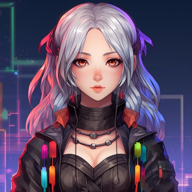 anime girl with long white hair and neon lights