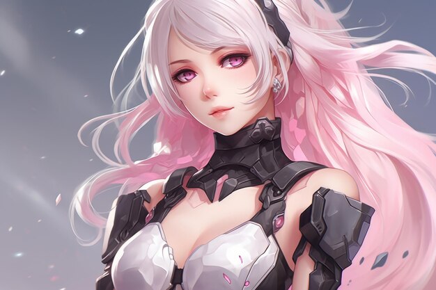 Anime girl with long white hair and pink eyes