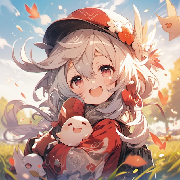 Anime girl with long white hair and a red hat holding a stuffed animal generative ai