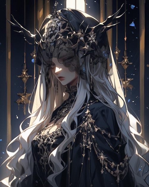 anime girl with long white hair wearing a black and gold dress generative ai