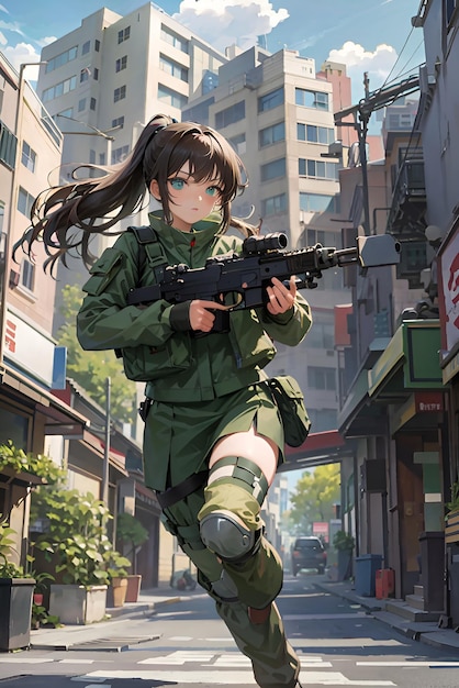 Anime girl with a machine gun running on the streets of the city