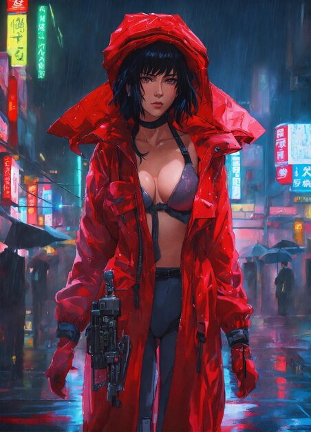 Photo anime girl with neon cyberpunk city in the background