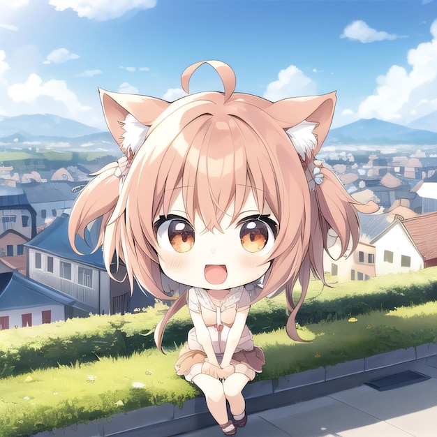 Anime girl with an orange ears sitting on a curb