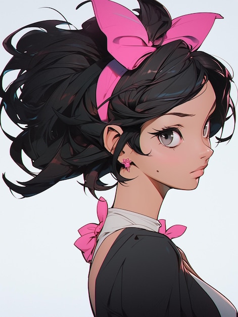 Anime girl with a pink bow in her hair generative ai