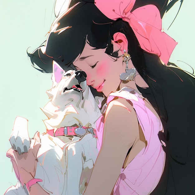 Anime girl with a pink bow holding a white dog generative ai