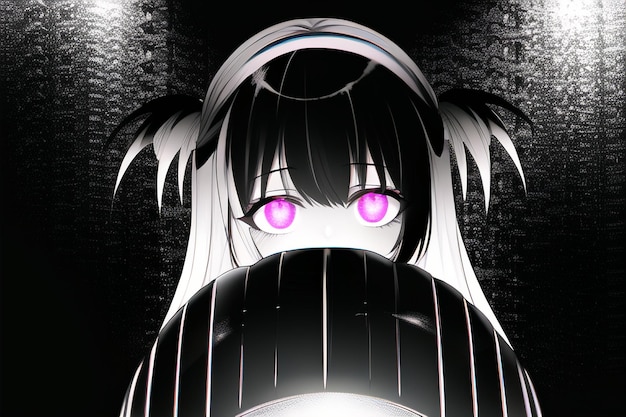 Premium AI Image  A black and white anime girl with purple eyes