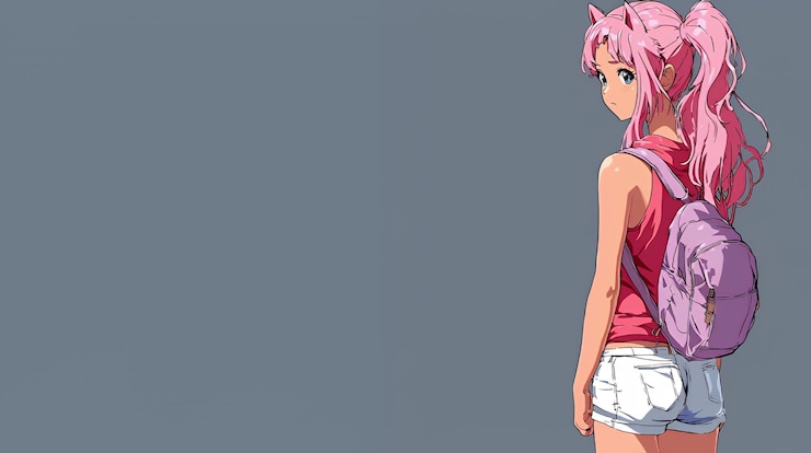 Photo anime girl with pink hair and backpack