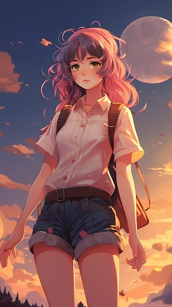 Anime girl with pink hair and a backpack