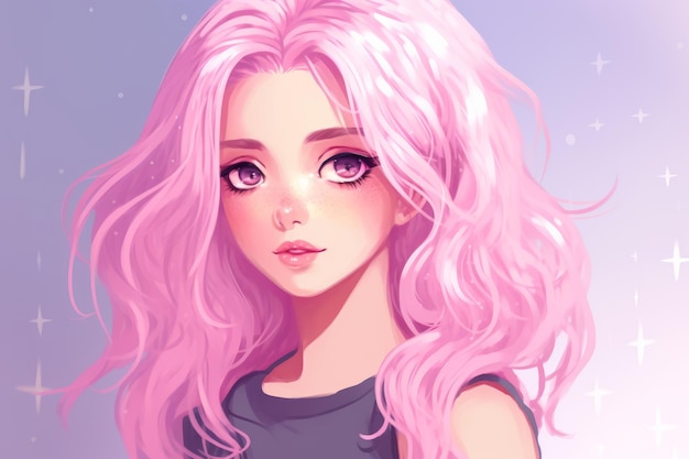 An anime girl with pink hair and big eyes