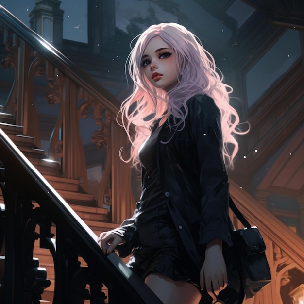 Anime girl with pink hair and black dress standing on stairs generative ai