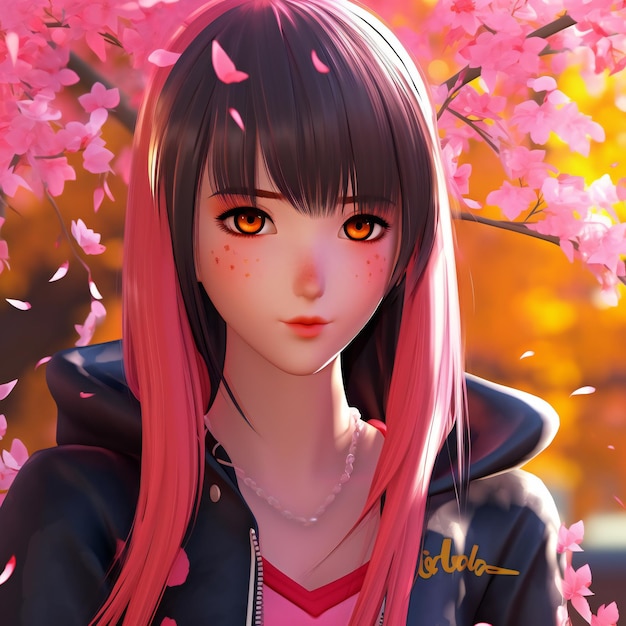 A anime girl with pink hair and a black jacket