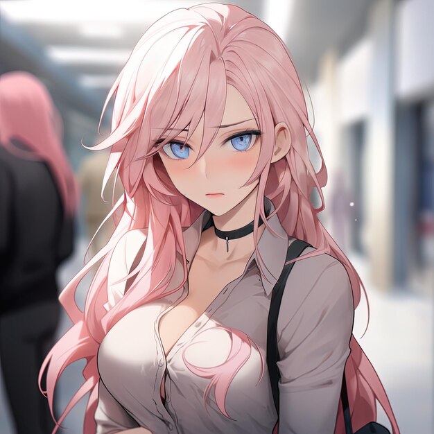 anime girl with pink hair and a black strap