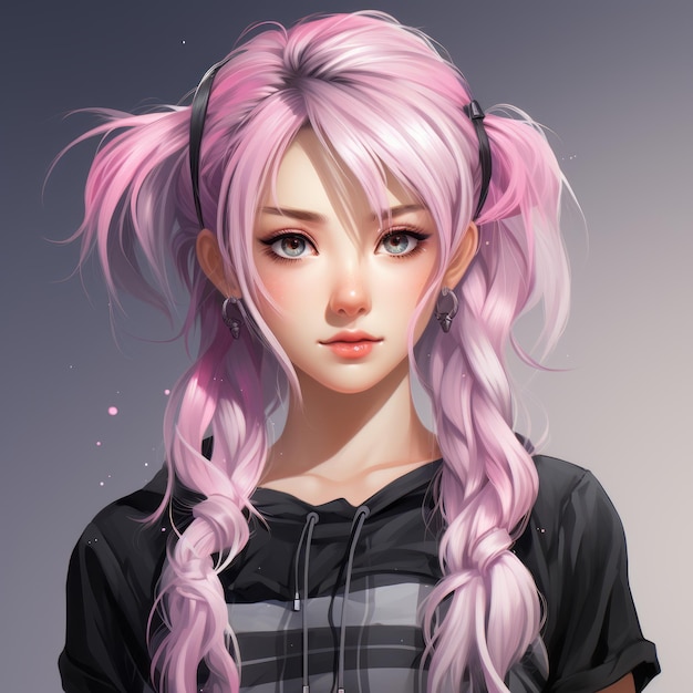 an anime girl with pink hair and a black top