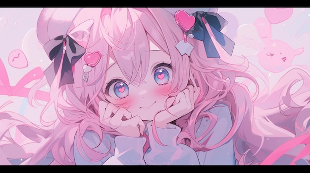 Anime girl with pink hair and blue eyes laying on a bed generative ai