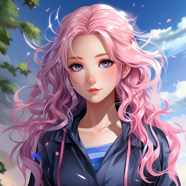 anime girl with pink hair and blue eyes