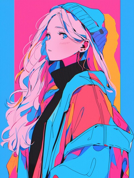 Anime girl with pink hair and blue jacket and hat generative ai