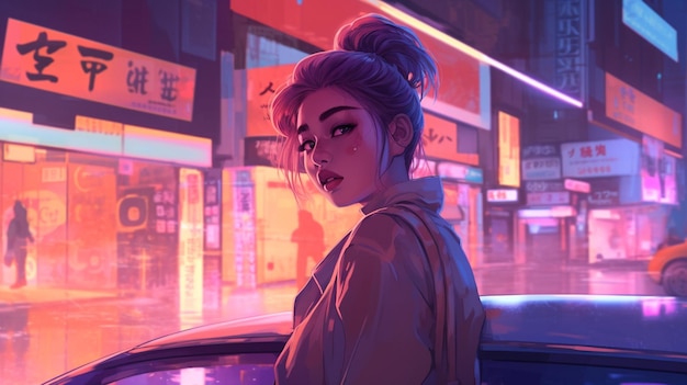 Anime girl with pink hair and buns standing in front of a car generative ai