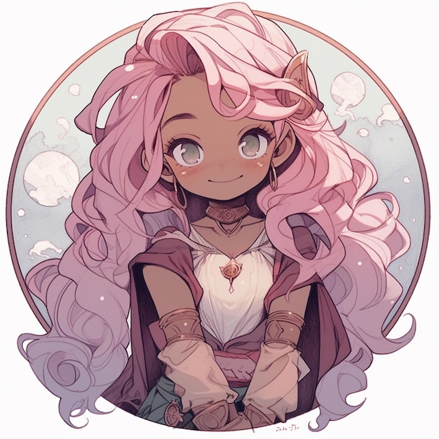 Девушка из аниме с розовыми волосами, кошачьими ушами и ожерельем.