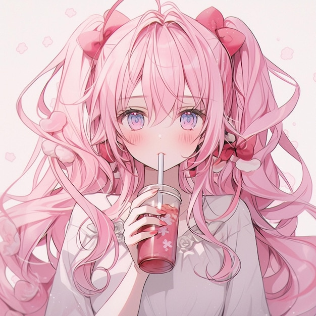 Anime girl with pink hair drinking a drink from a plastic cup generative ai