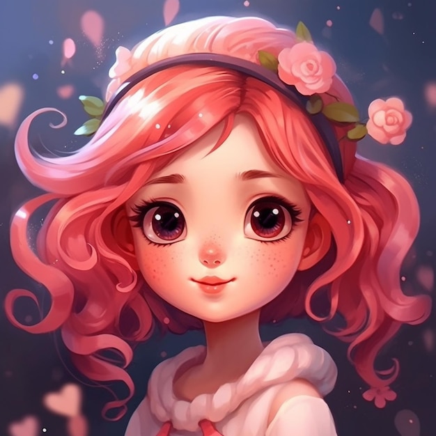 anime girl with pink hair and flower crown generative ai