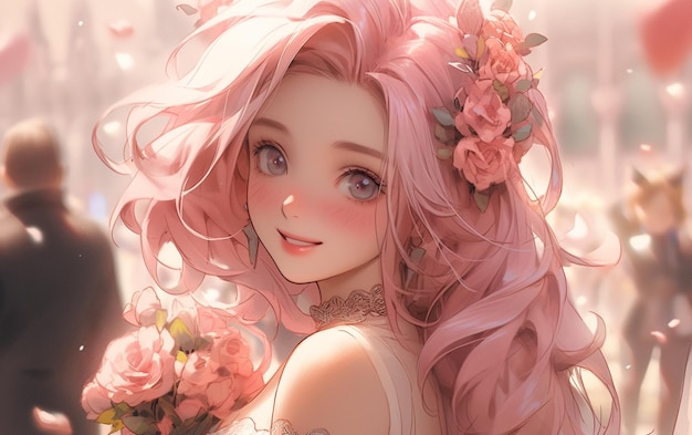 Foto ragazza anime con capelli rosa e fiori tra i capelli ai generativa