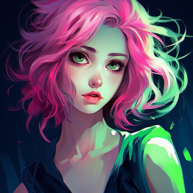 Anime girl with pink hair and green eyes in a dark room generative ai