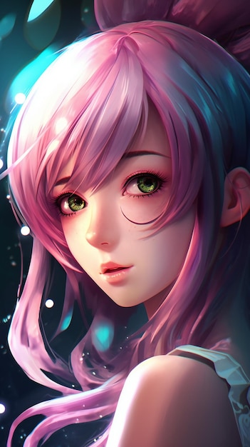 A anime girl with pink hair and green eyes