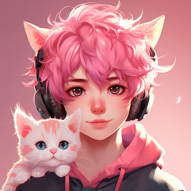 Foto anime ragazza con i capelli rosa e cuffie che tiene un gatto generativo ai