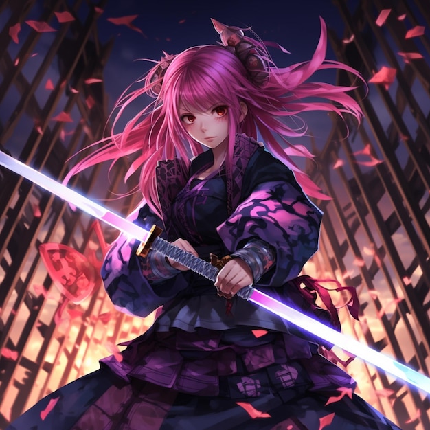 Photo anime girl with pink hair holding a sword in front of a fire generative ai