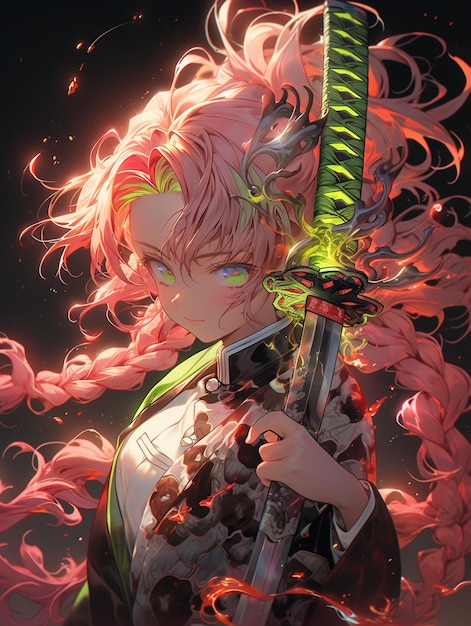 anime girl with pink hair holding a sword and a sword generative ai