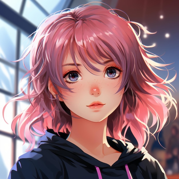 분홍색 머리에 후드티를 입은 애니메이션 소녀