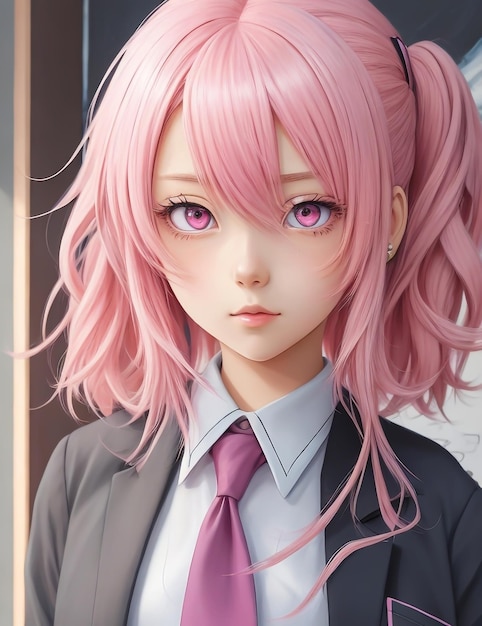 An anime girl with pink hair large expressive eyes wearing school uniform