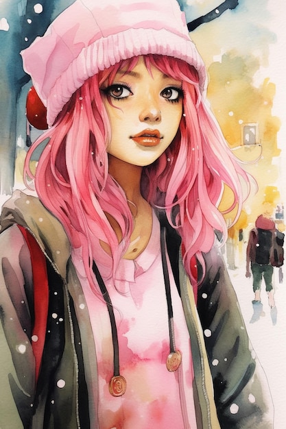 Аниме девушка с розовыми волосами и розовой шляпой в снегу генеративный ай