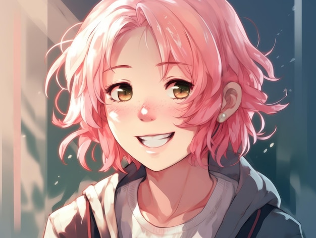 Anime girl with pink hair and a smile generative ai