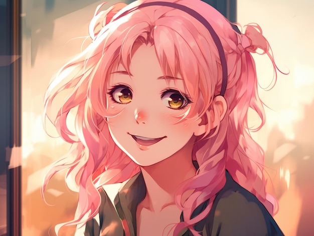 Anime girl with pink hair and a smile generative ai