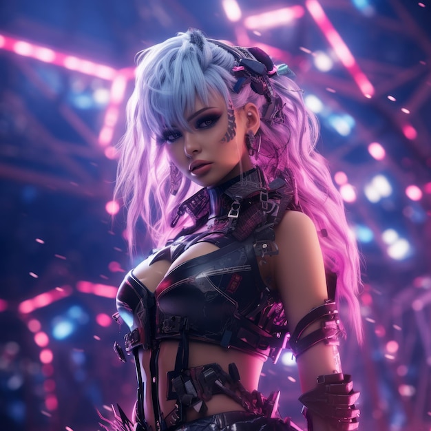 anime girl with pink hair standing in front of neon lights