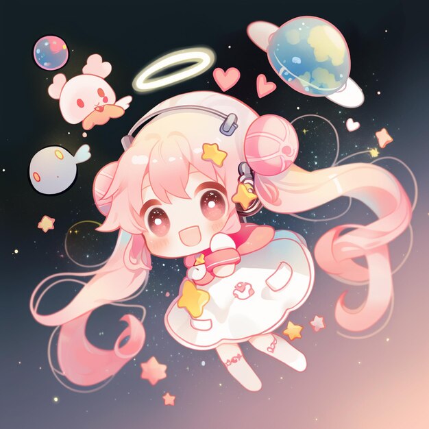 Photo anime girl with pink hair and a star in her hand generative ai