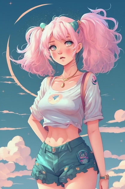 분홍색 머리와 흰 셔츠를 입은 애니메이션 소녀