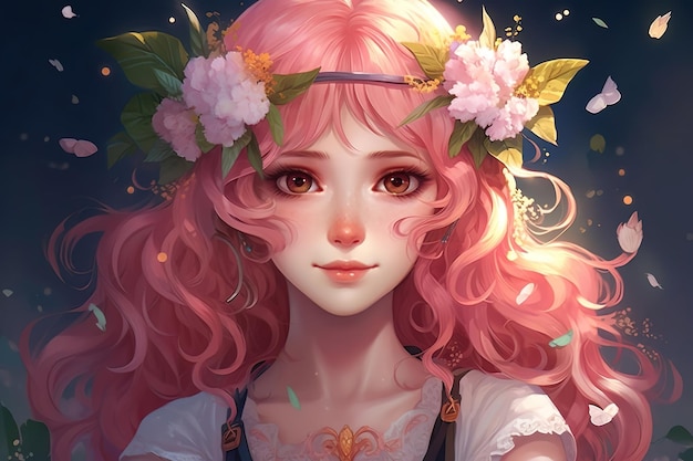 분홍색 머리와 그녀의 머리에 꽃의 화환을 가진 애니메이션 소녀