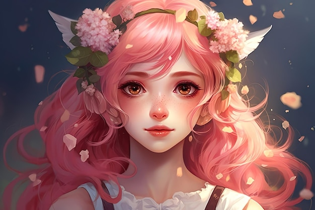 분홍색 머리와 그녀의 머리에 꽃의 화환을 가진 애니메이션 소녀
