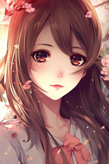 Anime girl with a pink shirt and brown eyes