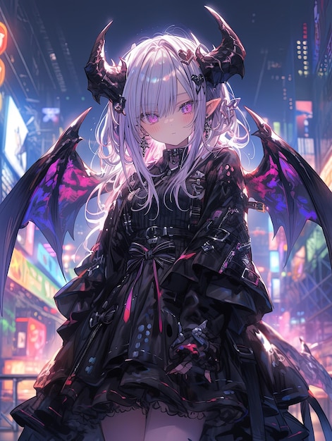 Photo a anime girl with a purple dragon on her head