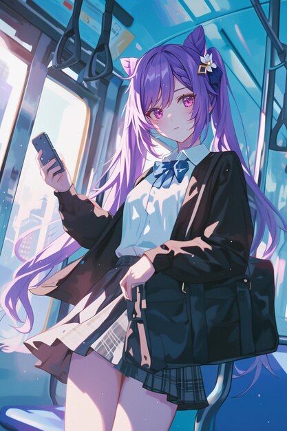 anime girl with purple hair and a black purse on a train generative ai