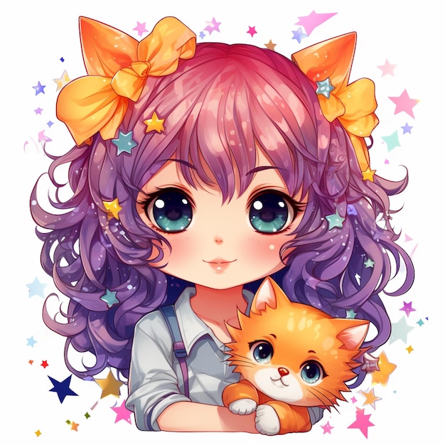 Anime girl with purple hair holding a cat and stars generative ai