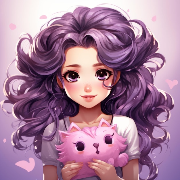 an anime girl with purple hair holding a pink cat