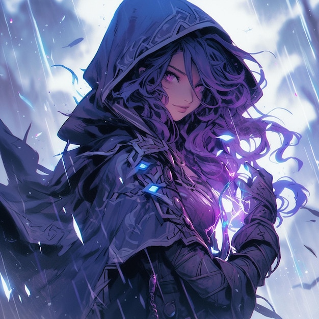 anime girl with purple hair and hood holding a glowing orb generative ai