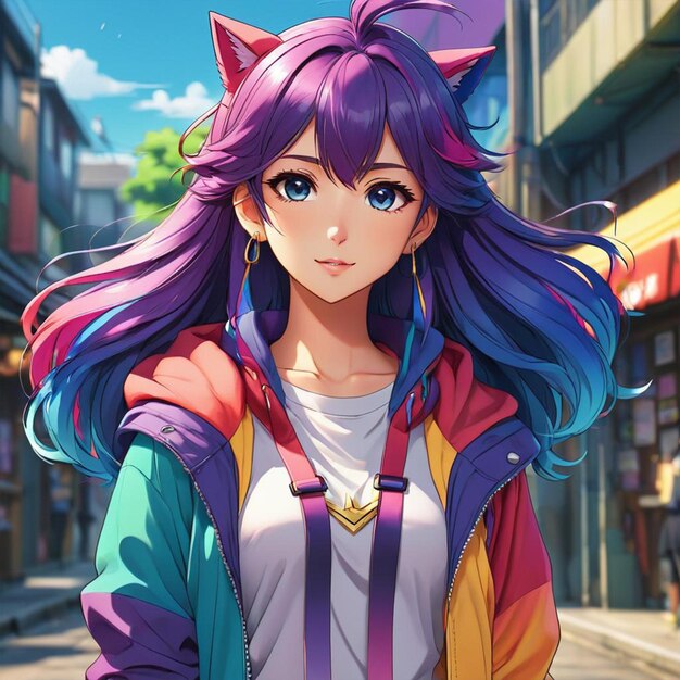 A anime girl with purple hair and a hoodie is walking down a street